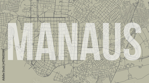 Manaus map city poster, horizontal background vector map with opacity title. Municipality area street map. Widescreen skyline panorama.