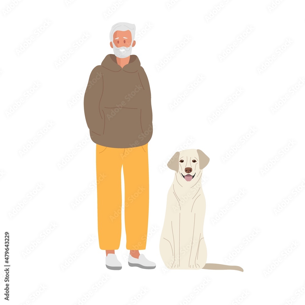 Smiling elderly Man with dog. Senior man with gray beard and hair standing  wearing fashionable casual clothes. Dog labrador sits nearby. Mature Man.  Colored flat cartoon vector illustration isolated Stock Vector |