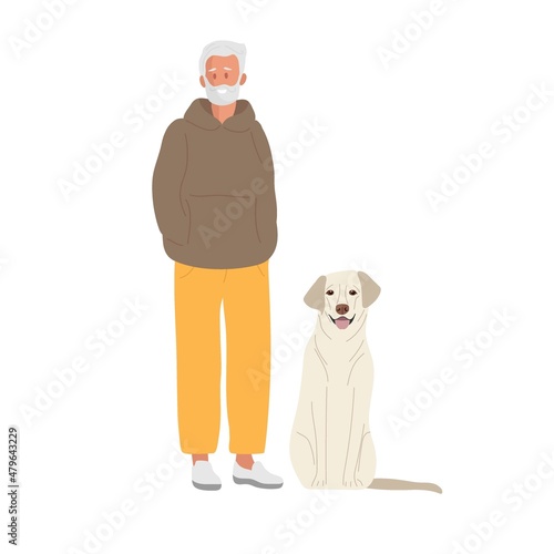 Smiling elderly Man with dog. Senior man with gray beard and hair standing wearing fashionable casual clothes. Dog labrador sits nearby. Mature Man. Colored flat cartoon vector illustration isolated