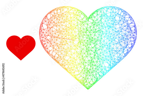 Net mesh love heart frame icon with rainbow gradient. Bright carcass net love heart icon. Flat mesh created from love heart symbol and crossing lines.