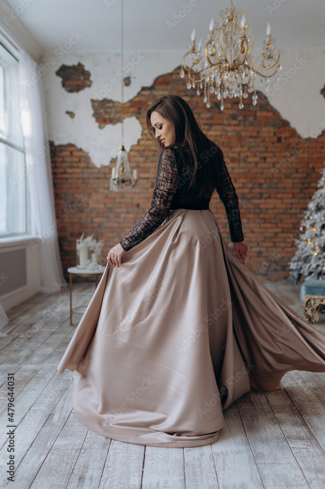 Fototapeta premium The girl is beautiful in a dark beige dress smile shows the dress