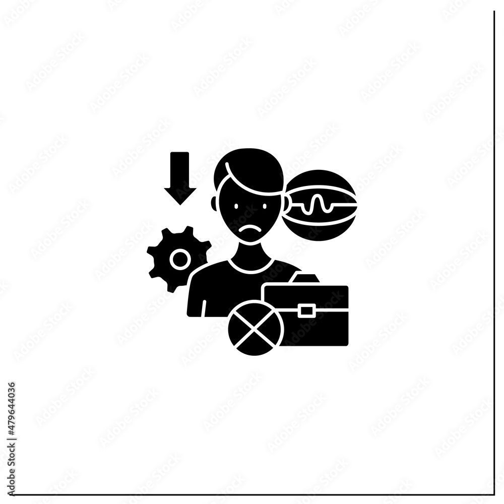 Technological unemployment glyph icon. Lost job caused by technological change,robotizing.Staff reduction.Joblessness concept. Filled flat sign. Isolated silhouette vector illustration Technological unemployment glyph icon. Lost job caused by technological change,robotizing.Staff reduction.Joblessness concept. Filled flat sign. Isolated silhouette vector illustration