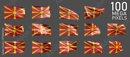 14 different images of Macedonia flag isolated on grey background - 3D illustration of object
