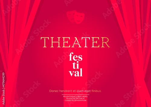 Horizontal theater festival background with red curtains, graphic elements and place for text. Vector illustration.