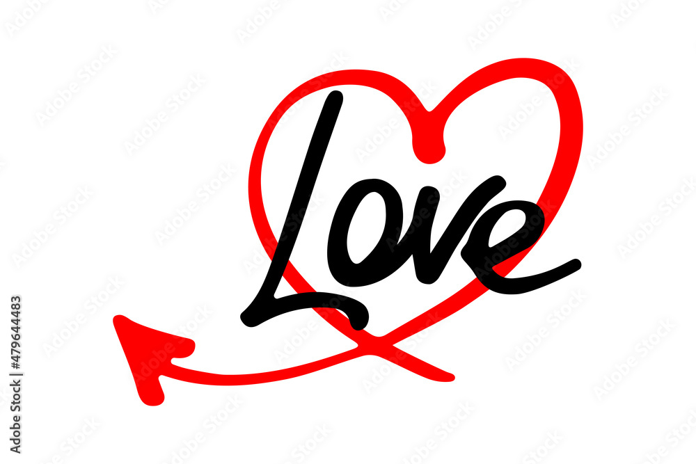 Love word in red heart. Hand drawn lettering. Vector illustration.