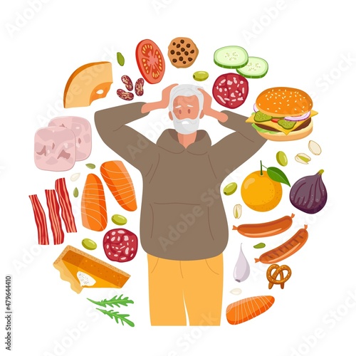 Mature elderly man holds her head with his hands surrounded by food. Man with gray hair and beard experiences difficulties of choosing healthy and unhealthy meal. Flat cartoon vector illustration.