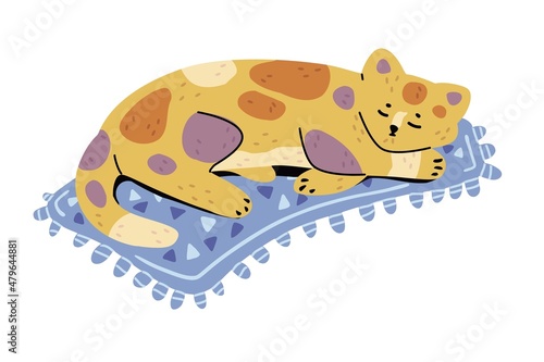 Cute cartoon cat sleeping on the blue color rug. Adorable domestic pet isolated on the white background. Colorful vector illustration in trendy, modern hand drawn flat design.