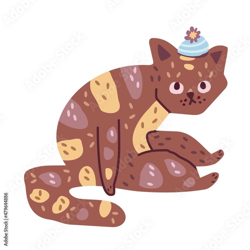 Funny cartoon cat wearing in knitted hat sitting and wondering. Adorable domestic pet isolated on the white background. Comic vector illustration in modern, contemporary doodle flat design.