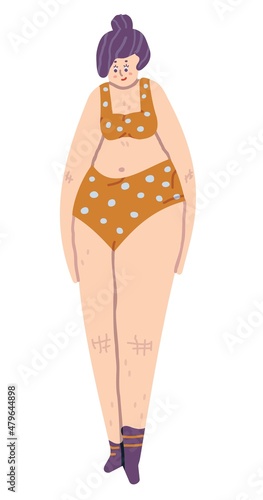 Cartoon woman in underwear nightie - bra and pants, standing and looking down. Character in modern memphis flat design, doodle hand drawn style isolated on white background. Vector illustration.