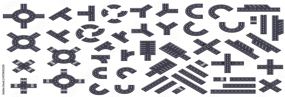 Isometric road and highway vector elements for city map creation. Set of solid objects for highway journey map, path asphalt lines traffic circle car direction. Street an road with crossroad, footpath Isometric road and highway vector elements for city map creation. Set of solid objects for highway journey map, path asphalt lines traffic circle car direction. Street an road with crossroad, footpath