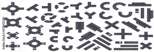 Isometric road and highway vector elements for city map creation. Set of solid objects for highway journey map, path asphalt lines traffic circle car direction. Street an road with crossroad, footpath