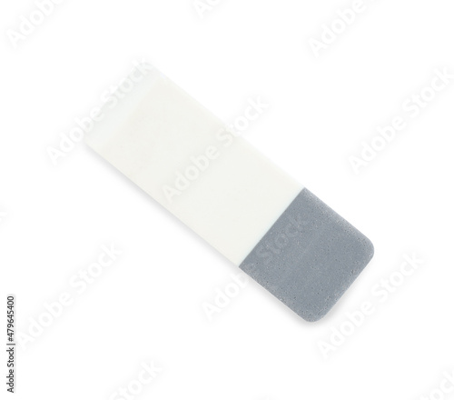 New double eraser isolated on white, top view. School stationery