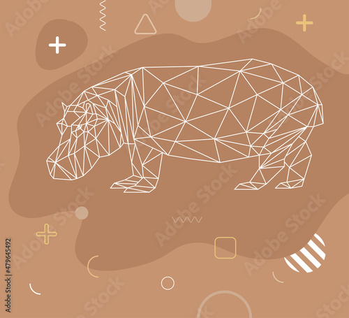 Isolated low polygonal hippo on brown background with Memphis style geometric shapes. Hippopotamus composed of triangles. Template for poster, cover, t-shirt print, bag. Stock vector illustration.