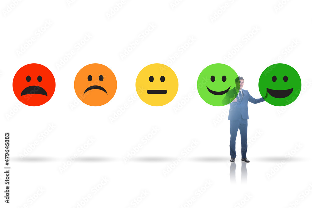 Illustration of customer feedback with faces and businessman Illustration of customer feedback with faces and businessman