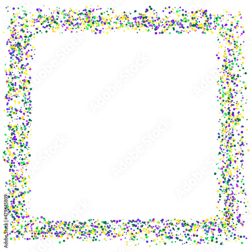 Square frame made of scattered yellow, green, purple confetti on white background. Design for Carnival, Mardi Gras, Holiday decoration greeting card, poster, web template. Vector illustration