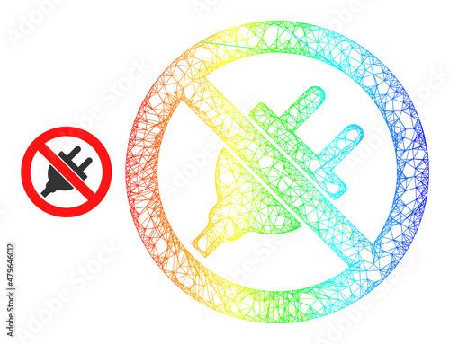 Net mesh forbidden electric supply wireframe icon with spectral gradient. Colored frame mesh forbidden electric supply icon. Flat frame created from forbidden electric supply icon and crossed lines.