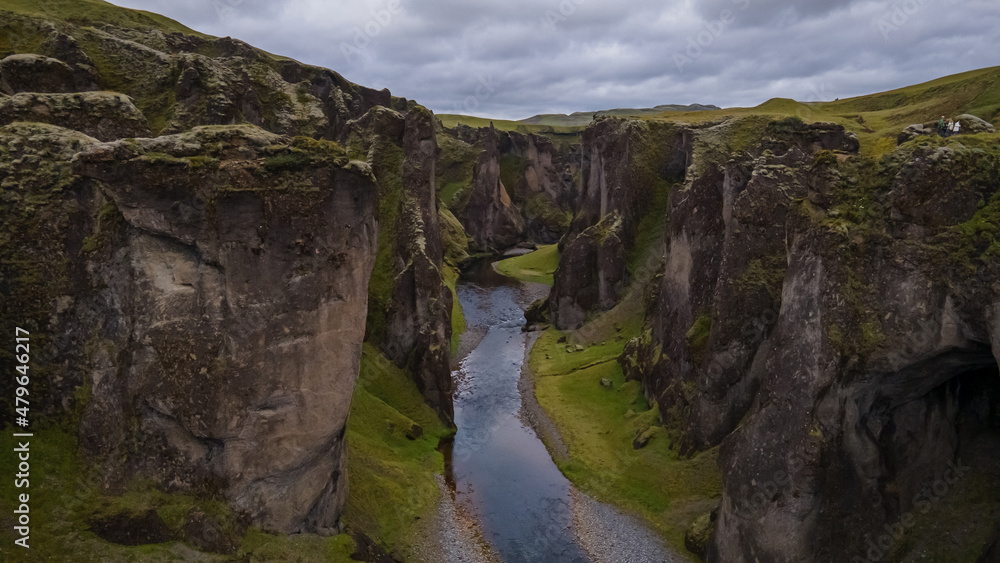 Beautiful aerial view of the Fjadrargljufur Canyon in Iceland on summer