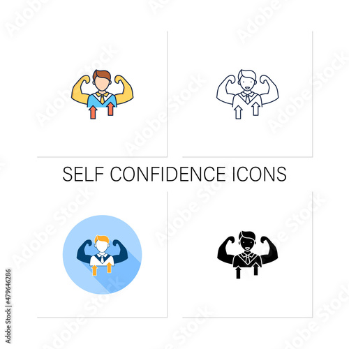 Self confidence icons set.Individual trust in abilities,capacities,and judgments.Effective communication.Collection of icons in linear, filled, color styles.Isolated vector illustrations