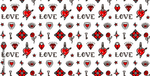  seamless pattern with love symbols in Old school tattoo style Design For Valentines Day