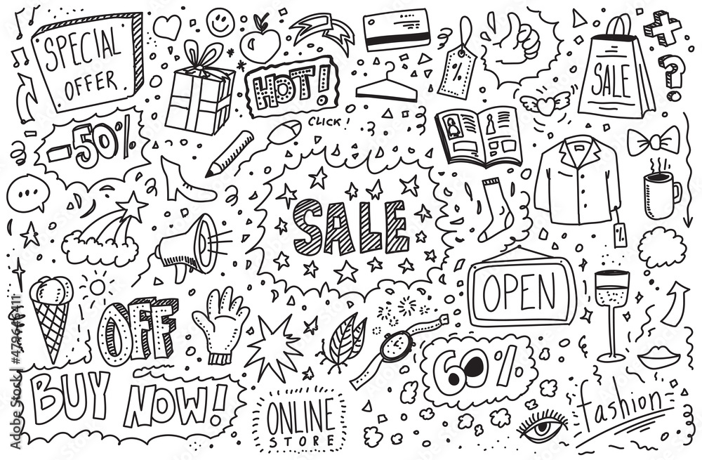 Hand drawn sale doodle vector set on white background