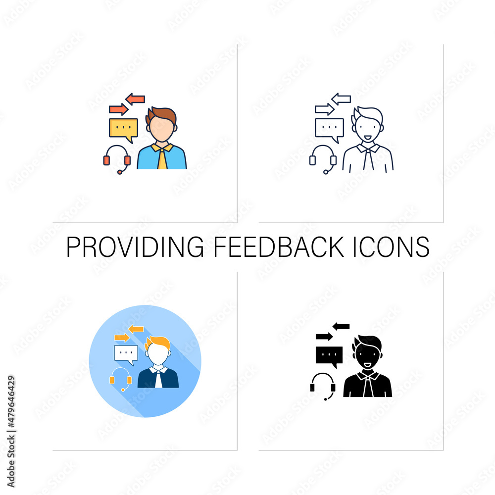 Providing feedback icons set. Two-way communication process. Customer support. Call center.Effective communication.Collection of icons in linear, filled, color styles.Isolated vector illustrations Providing feedback icons set. Two-way communication process. Customer support. Call center.Effective communication.Collection of icons in linear, filled, color styles.Isolated vector illustrations