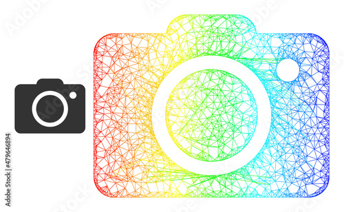 Net photo camera model icon with spectral gradient. Colorful carcass net photo camera icon. Flat carcass created from photo camera icon and crossed lines.