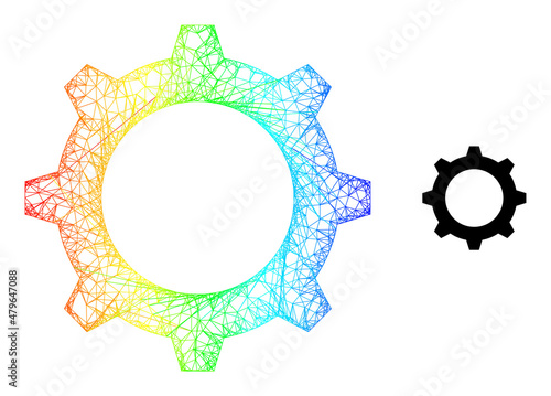 Mesh net gear framework illustration with spectral gradient. Colorful carcass mesh gear icon. Flat carcass created from gear icon and crossed lines.
