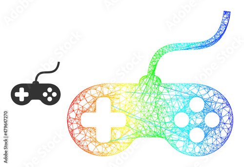 Net mesh playing console model icon with spectral gradient. Vibrant carcass mesh playing console icon. Flat model created from playing console icon and crossed lines.