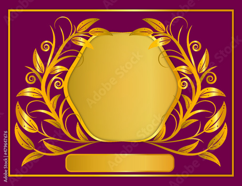 Background design vector with golden ornament frame and tree branches on sides on dark pink color.