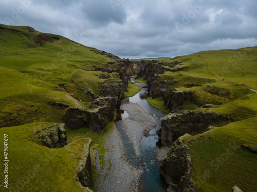 Beautiful aerial view of the Fjadrargljufur Canyon in Iceland on summer © Gian