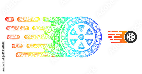 Net mesh rush wheel model icon with spectrum gradient. Colored carcass mesh rush wheel icon. Flat mesh created from rush wheel icon and intersected lines.