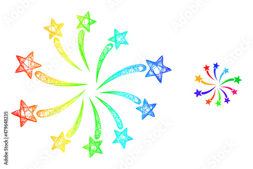 Crossing mesh fireworks festival frame icon with spectral gradient. Colorful frame network fireworks festival icon. Flat mesh created from fireworks festival icon and crossed lines.