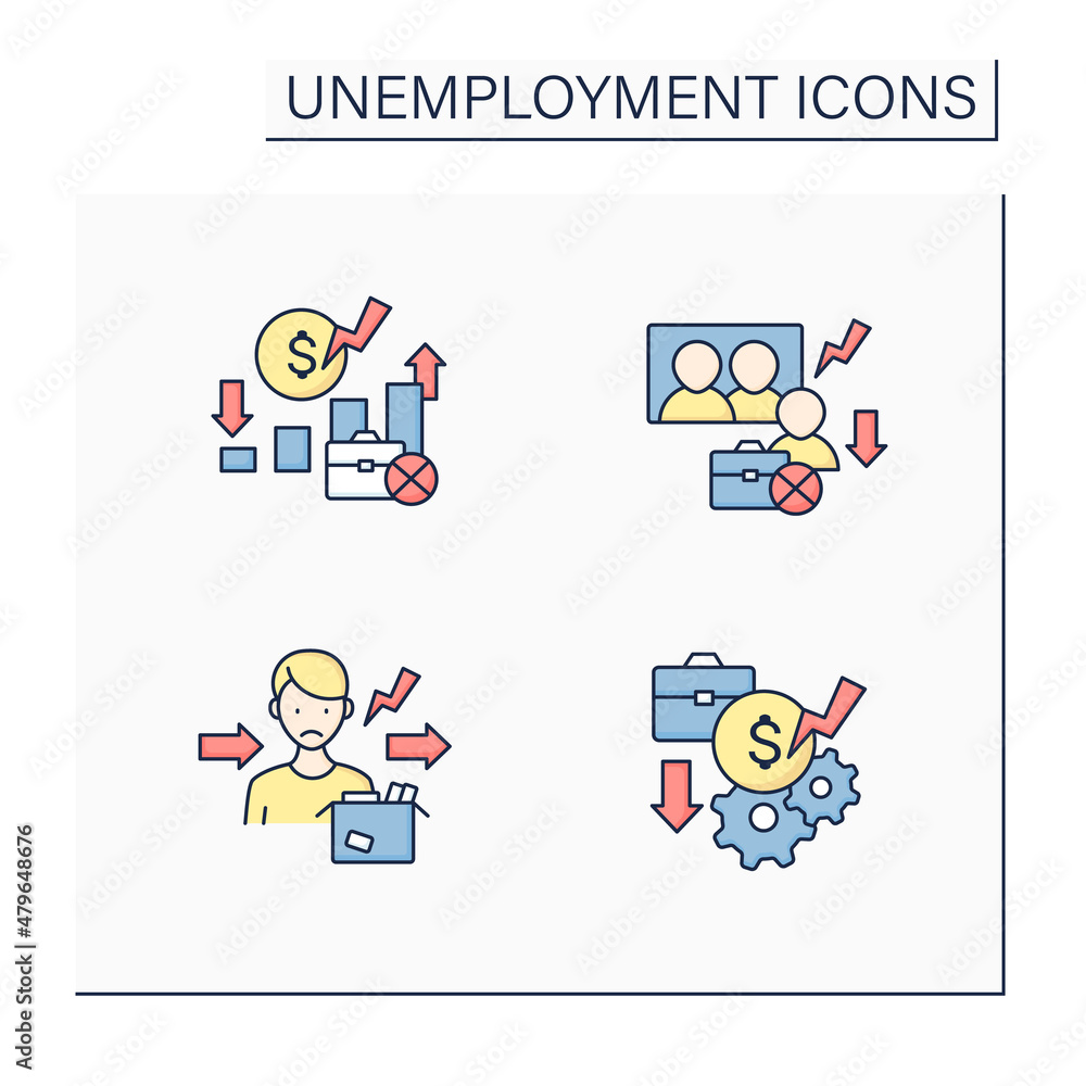 Unemployment color icons set. Rate, downsizing, jobless, pay cuts. Joblessness concept. Isolated vector illustrations Unemployment color icons set. Rate, downsizing, jobless, pay cuts. Joblessness concept. Isolated vector illustrations
