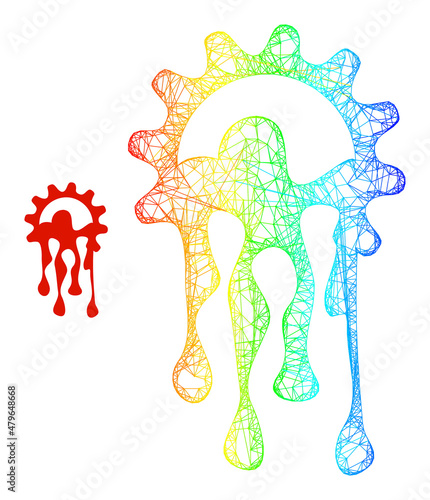 Net mesh melting gear framework icon with rainbow gradient. Colorful carcass net melting gear icon. Flat carcass created from melting gear icon and intersected lines.