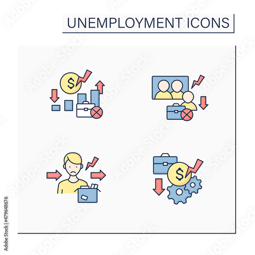 Unemployment color icons set. Rate, downsizing, jobless, pay cuts. Joblessness concept. Isolated vector illustrations