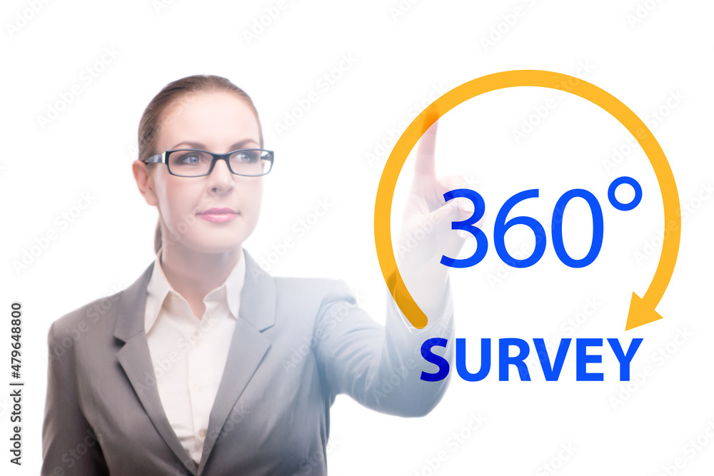 360 degree concept with businesswoman pressing button 360 degree concept with businesswoman pressing button