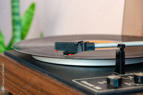 closeup on vinyl disc player