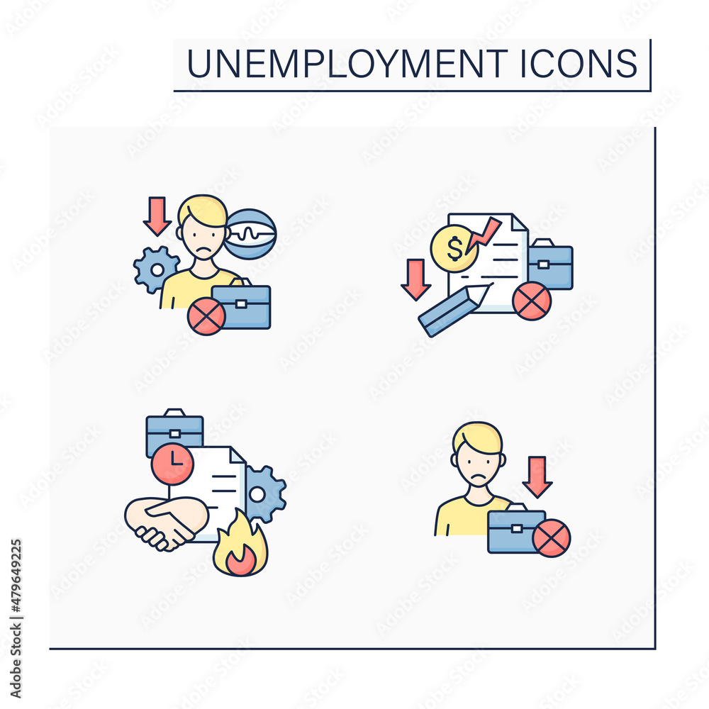 Unemployment color icons set.Technological unemployment, claim, fixed-term contract, jobless. Joblessness concept. Isolated vector illustrations