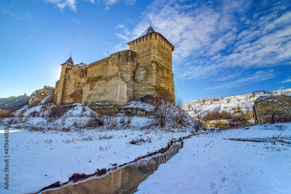 Fototapeta premium Scenic panoramic view of medieval Khotyn fortress, Chernivtsi region. Ukraine