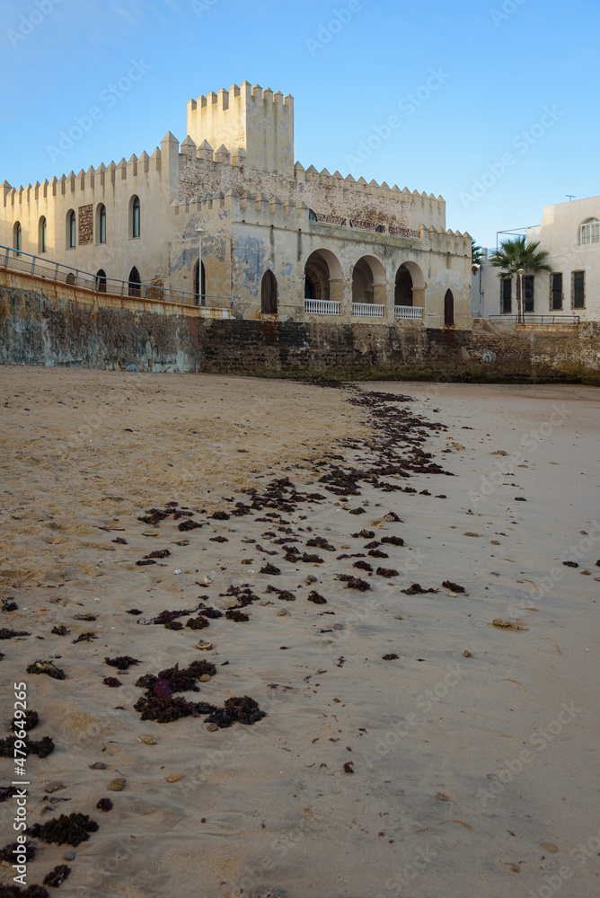 Chipiona Castle in the old town of Chipiona from the beach, Cadiz, Andalusia, Spain