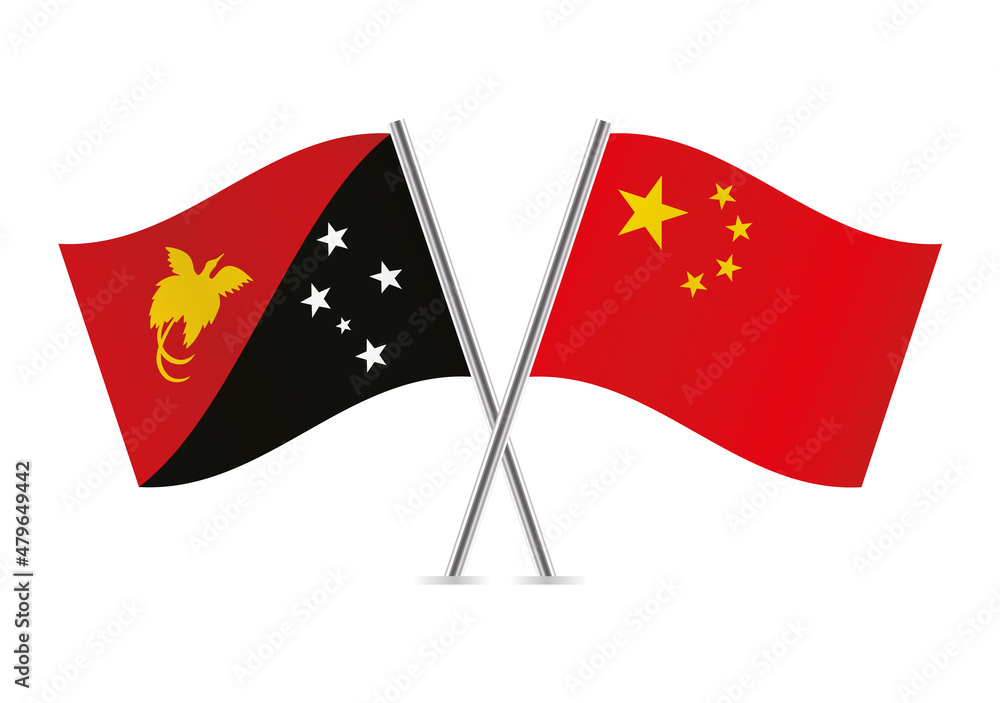Papua New Guinea and China flags. Papua New Guinean and Chinese flags isolated on white background. Vector illustration. Papua New Guinea and China flags. Papua New Guinean and Chinese flags isolated on white background. Vector illustration.