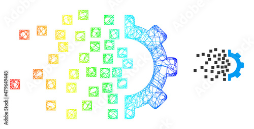 Net gear assembling framework icon with rainbow gradient. Colorful carcass network gear assembling icon. Flat framework created from gear assembling icon and crossing lines.