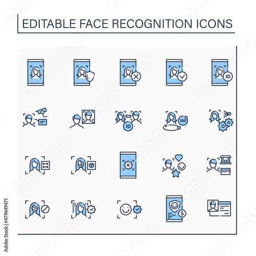 Face recognition line icons set. Authentication by facial recognition.Biometric face scanning. Futuristic security.Identity detection concept. Isolated vector illustration.Editable stroke