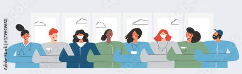 Group of doctors nurses healthcare workers and medical staff standing in chain. Banner with a multicultural group of medics. Nurse and intern students in uniform. Flat vector cartoon illustration