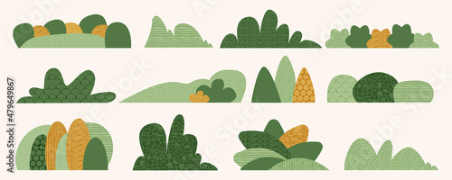 Shrubbery and bush hedge in simple scandinavian style vector cartoon illustration. Set of abstract shrub, foliage, green tree with texture. Collection of isolated plant silhouette, cute garden shape
