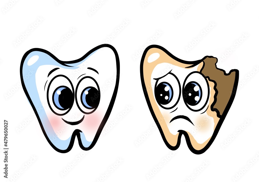 Fototapeta premium Drawn teeth, a healthy tooth looks at a sick crying tooth with caries. Dental health. World Dentists Day. Children's dentistry poster