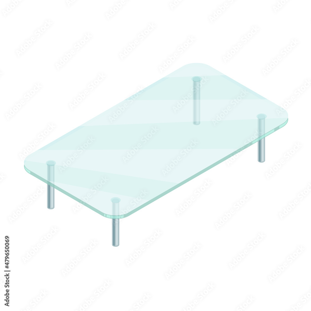 Isometric rectangular glass table with metal legs on a white background. Isometric rectangular glass table with metal legs on a white background.