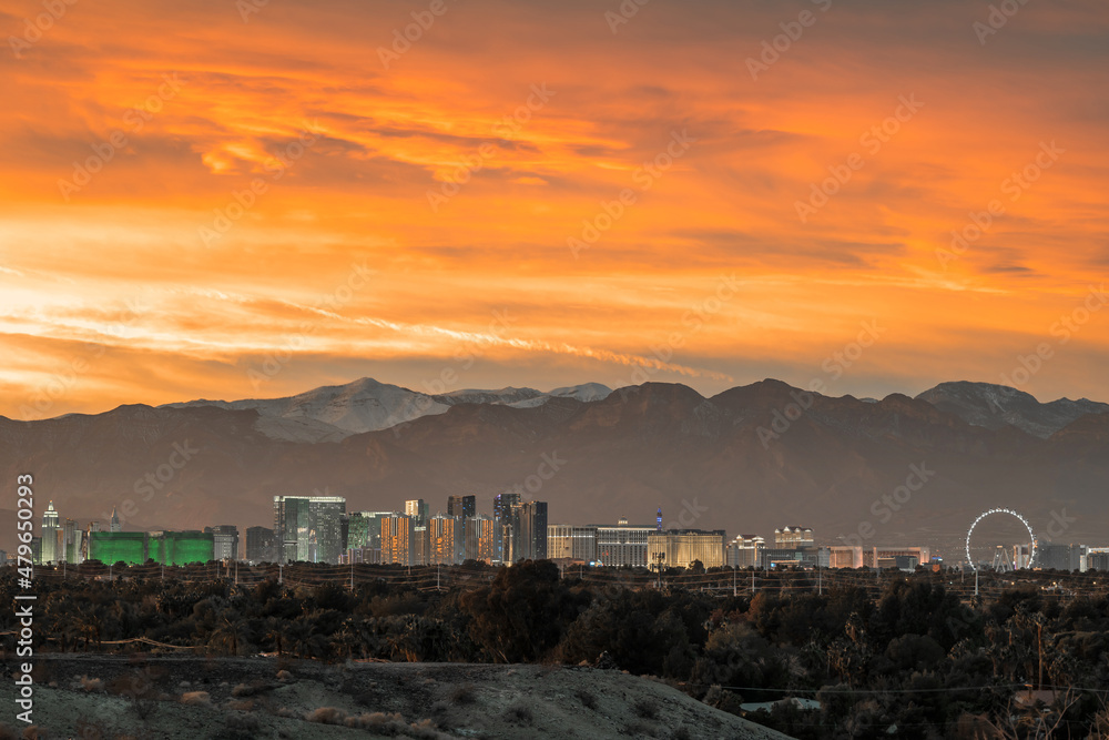 Las Vegas skyline with winter sunset clouds