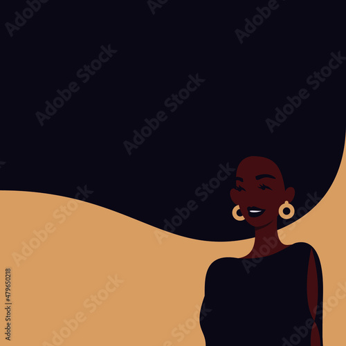 Card with beautiful african woman with flowing hair. Template for beauty salon, hair salon or Women's Day, 8th March. 