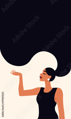 Beautiful woman with flowing hair. Brunette with a ponytail hairstyle. Template for beauty salon, hair salon, shampoo or Women's Day, 8th March. 